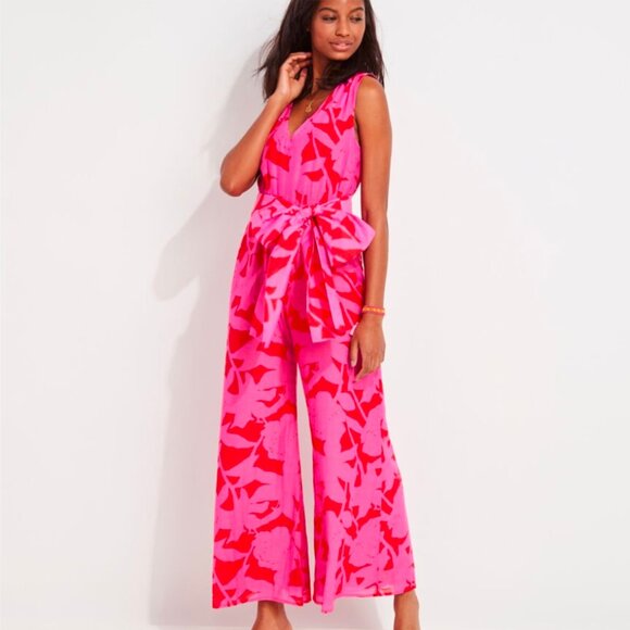 VINEYARD VINES | Tropical Floral Sleeveless Jumpsuit | Cuckoo Red Pink | Size 8 - Picture 2 of 14